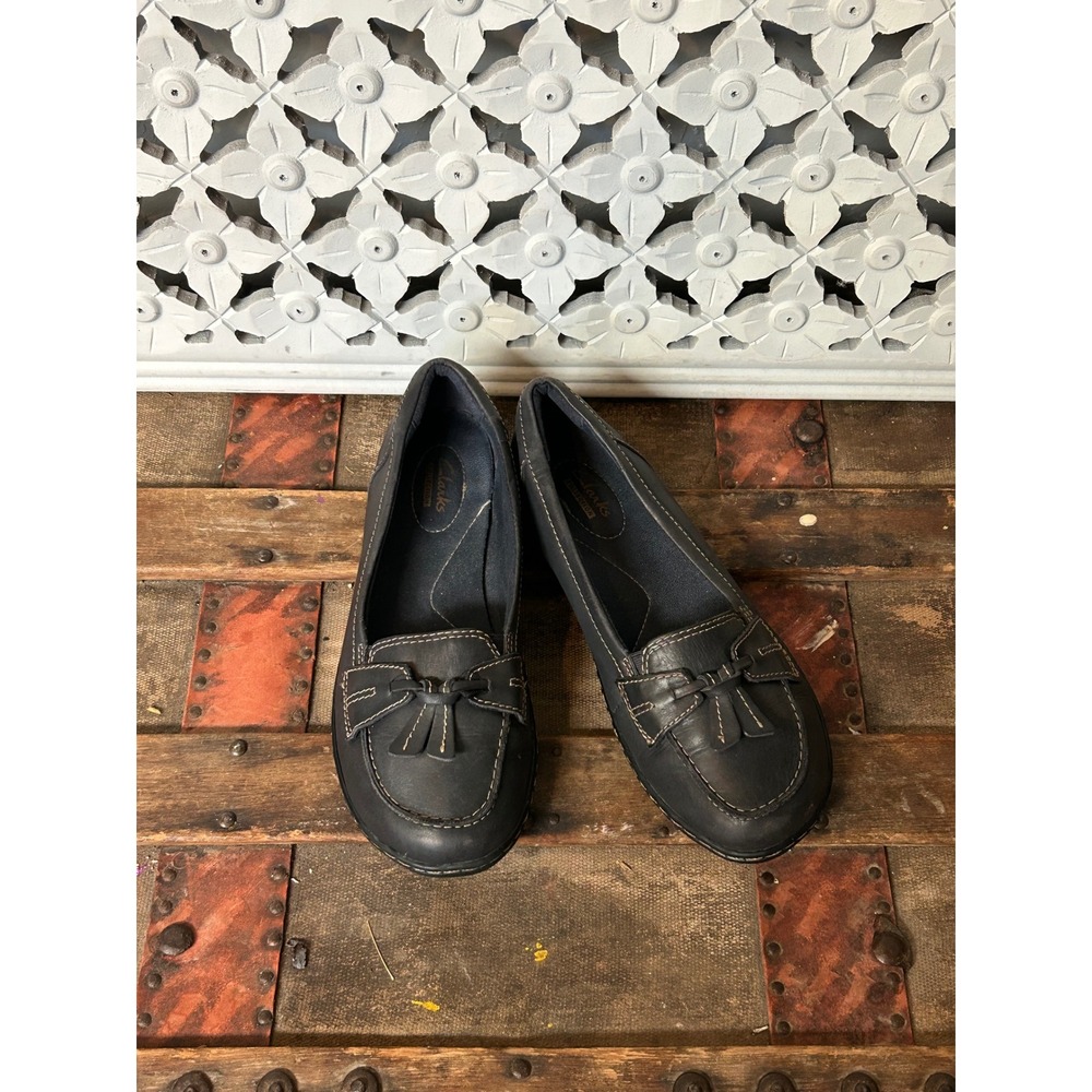 Clarks Collection Navy Leather Bow Loafers Womens 7.5W Low Wedge Slip On Shoes